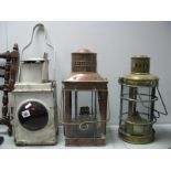 Copper and Brass Hurricane Lamps, white painted example. (3)