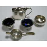 A Hallmarked Silver Mustard, of oval form with reeded edge and blue glass liner, a Newcastle