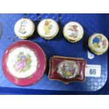 Two Limoges Castell Trinket Pots, and four Royal Stratford Enamels 'Teddy Bear' trinket pots -