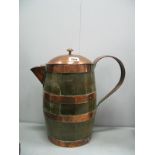 A XIX Century Oak Jug with Copper Lid, handle pourer and coopered bands, 30cm high.
