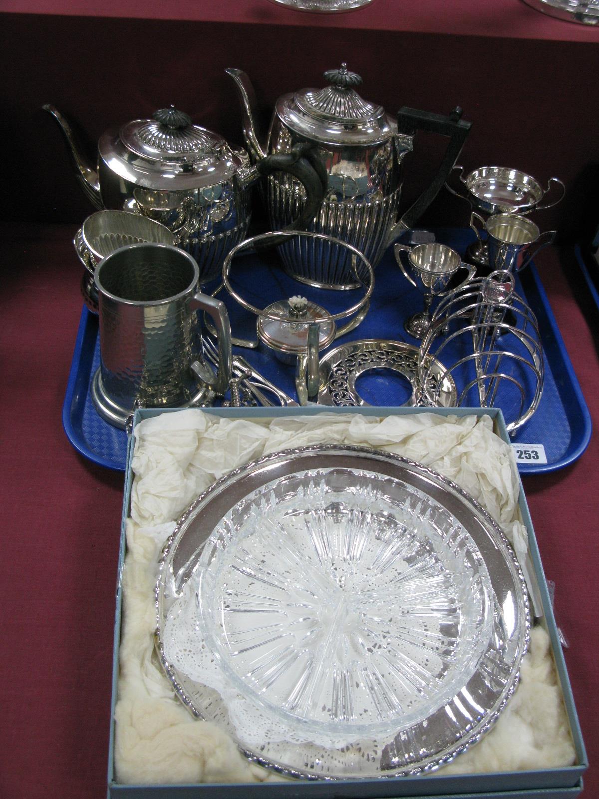 Plated Trophy Cups, tea ware, hors d'oeuvre's dish, burner stand, two pairs of knife rests, etc:-