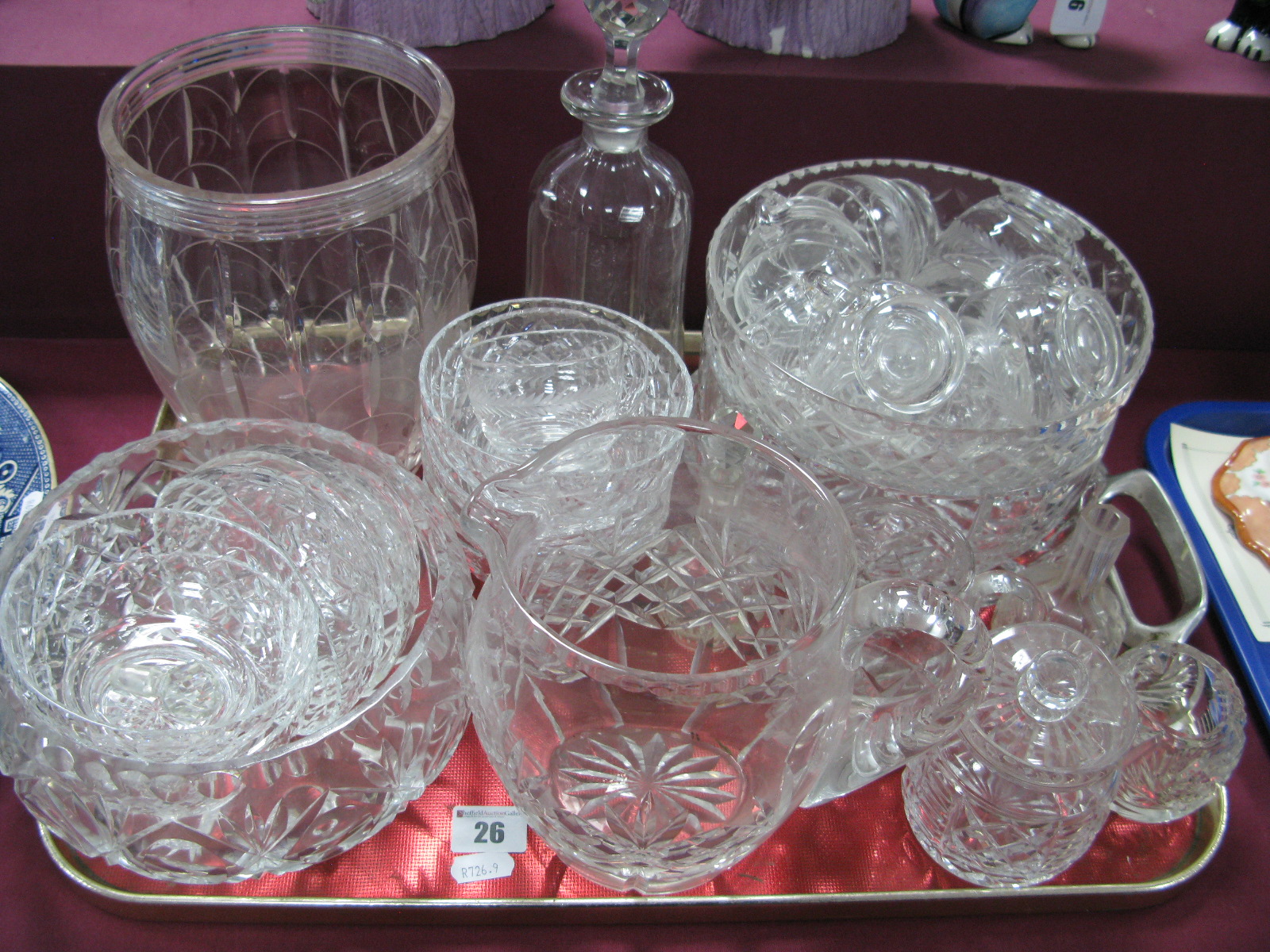 Cut glass Vase, etched signature to base, cut glass fruit bowls, dishes, decanter, jug, punch cups