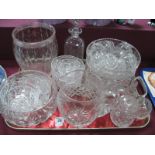 Cut glass Vase, etched signature to base, cut glass fruit bowls, dishes, decanter, jug, punch cups