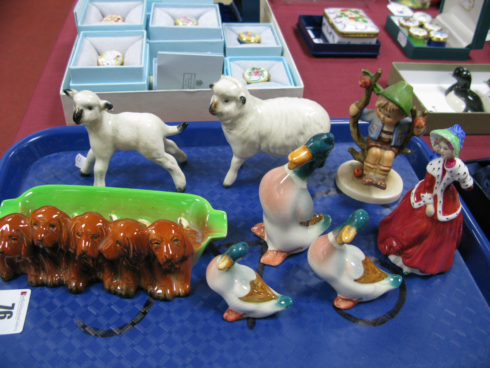 Beswick Five Puppy Ashtray, sheep and lamb, Doulton figurines, hummel figure, ducks.