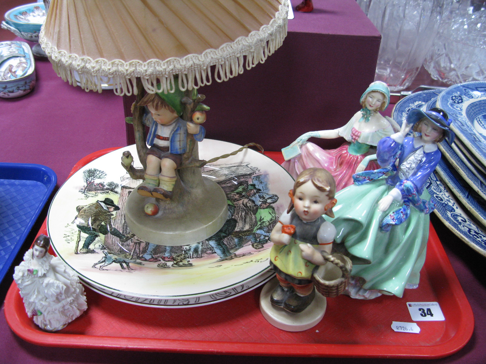 Royal Doulton Series Ware Plates, Royal Doulton figures, Hummel table lamp etc:- One Tray