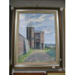 John Stops R.W.A (Bristol artist), Elizabethan style turret and house, oil on board, signed and