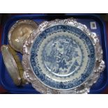 Oriental XIX Century Blue and White Pottery Plate, featuring Chinese garden scene (cracked) 23.5cm