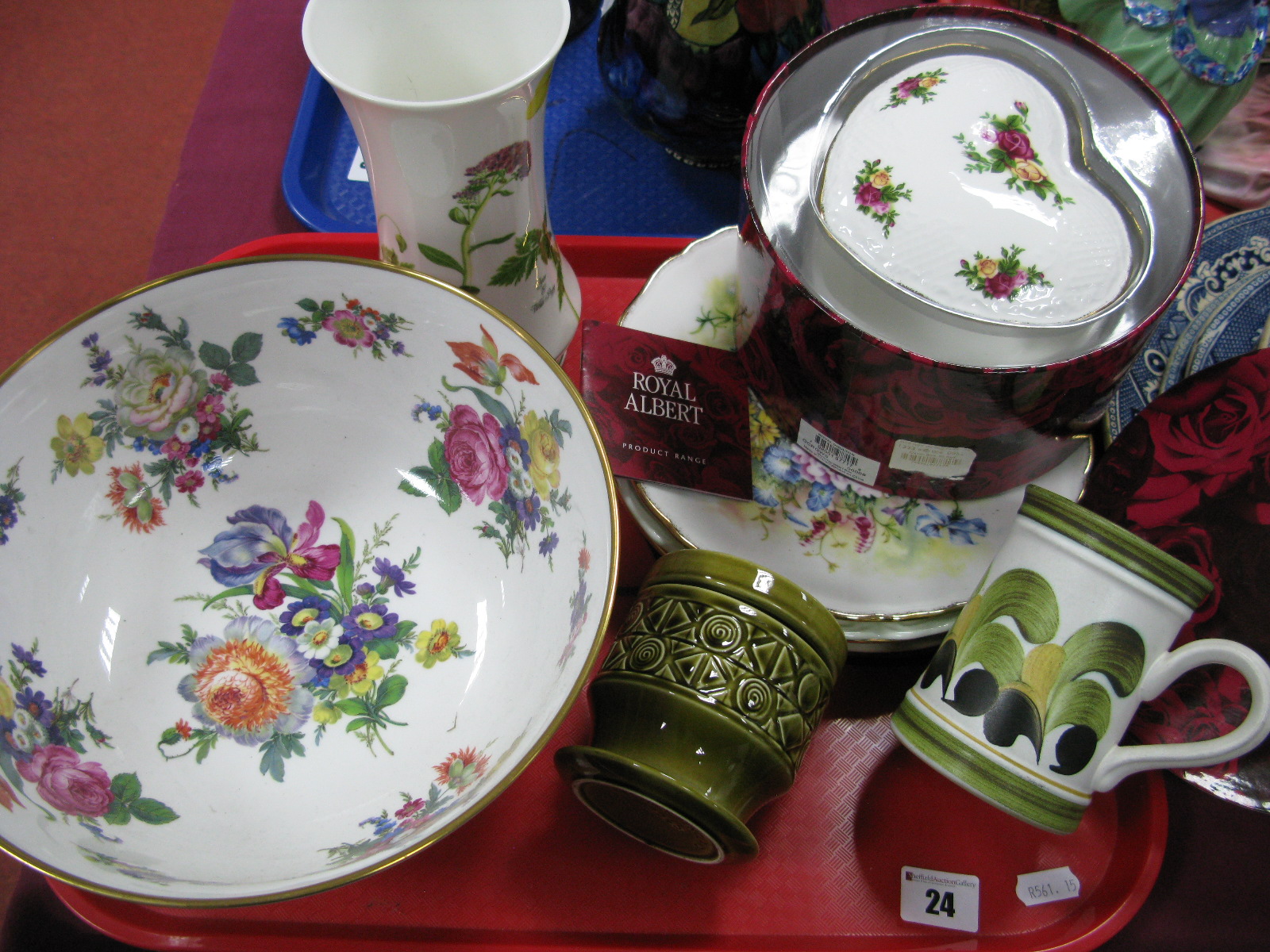 Caverswall Fruit Bowl, Royal Albert heart shaped trinket box, other ceramics:- One Tray