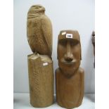 Carved and Adzed Oak? Figure of Owl upon Perch, 57cm high. Hardwood Easter Island style bust 41.