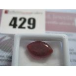 A Marquise Cut Ruby, unmounted, with a Global Gems Lab Certificate card stating caret weight 9.05 (