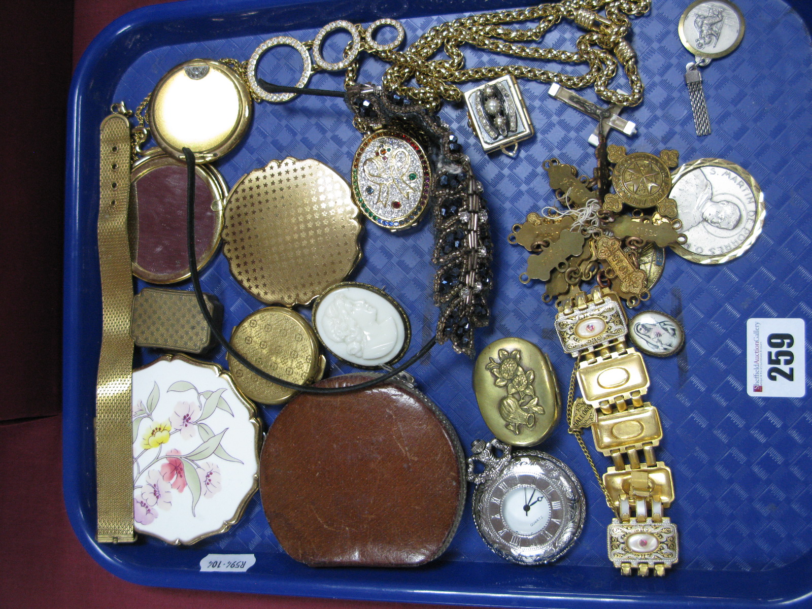 Ladies Compact and Pill Boxes, a rectangular ornate panel style bracelet, a quartz pocketwatch, a