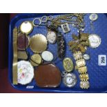 Ladies Compact and Pill Boxes, a rectangular ornate panel style bracelet, a quartz pocketwatch, a