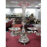WMF; A Decorative Single Flute Epergne, the central blush frosted glass flute between twin heart