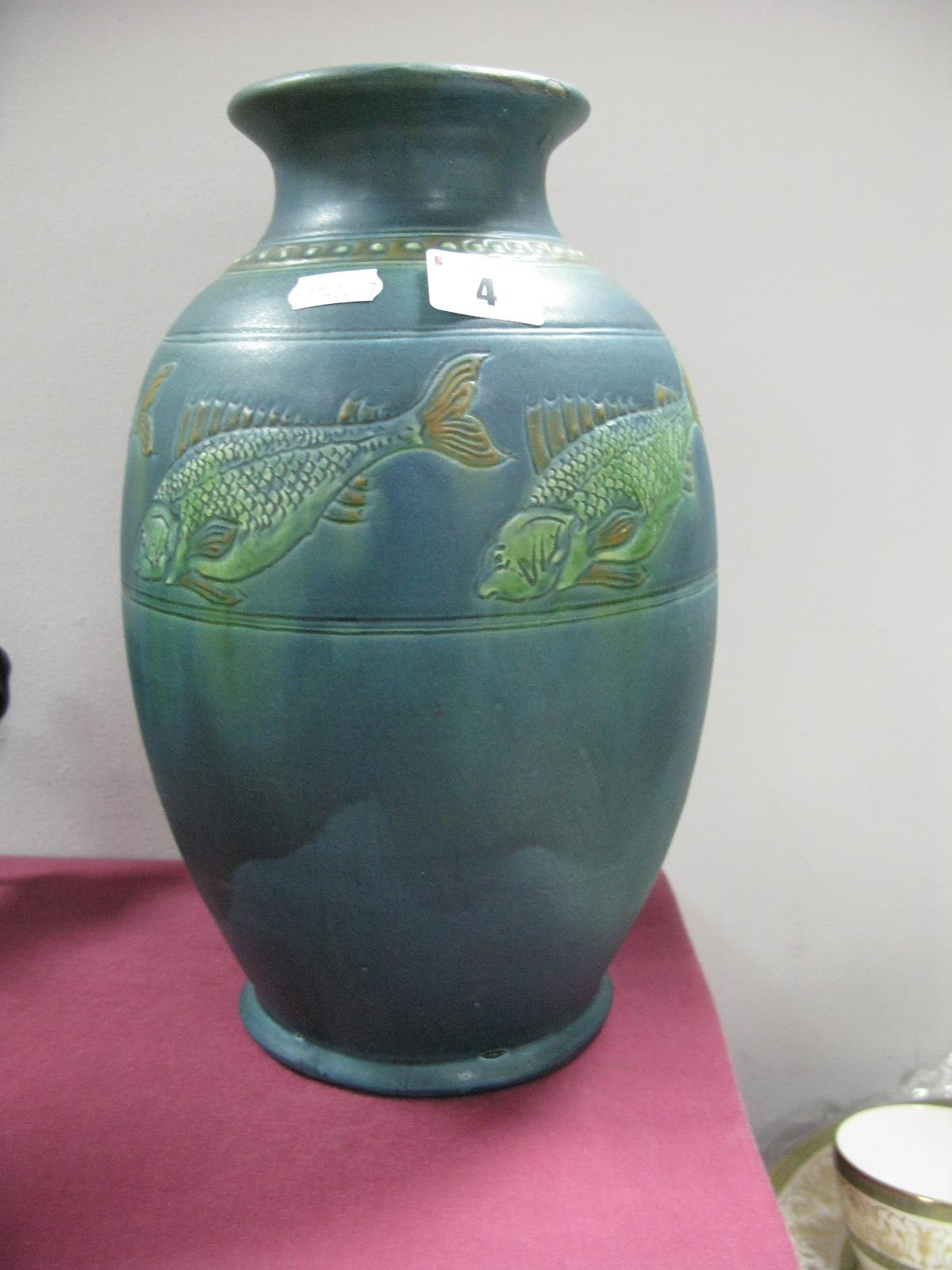 Pottery Vase, of ovoid form with band of five fish, 37 in Roman numerals under base, 30cm high.