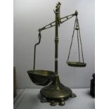 Circa 1900 Large Brass Shop Balance Scales, Art Nouveau ribbon ties and swags on a circular