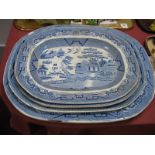 Four Blue and White Willow Pattern Pottery Meat Plates.