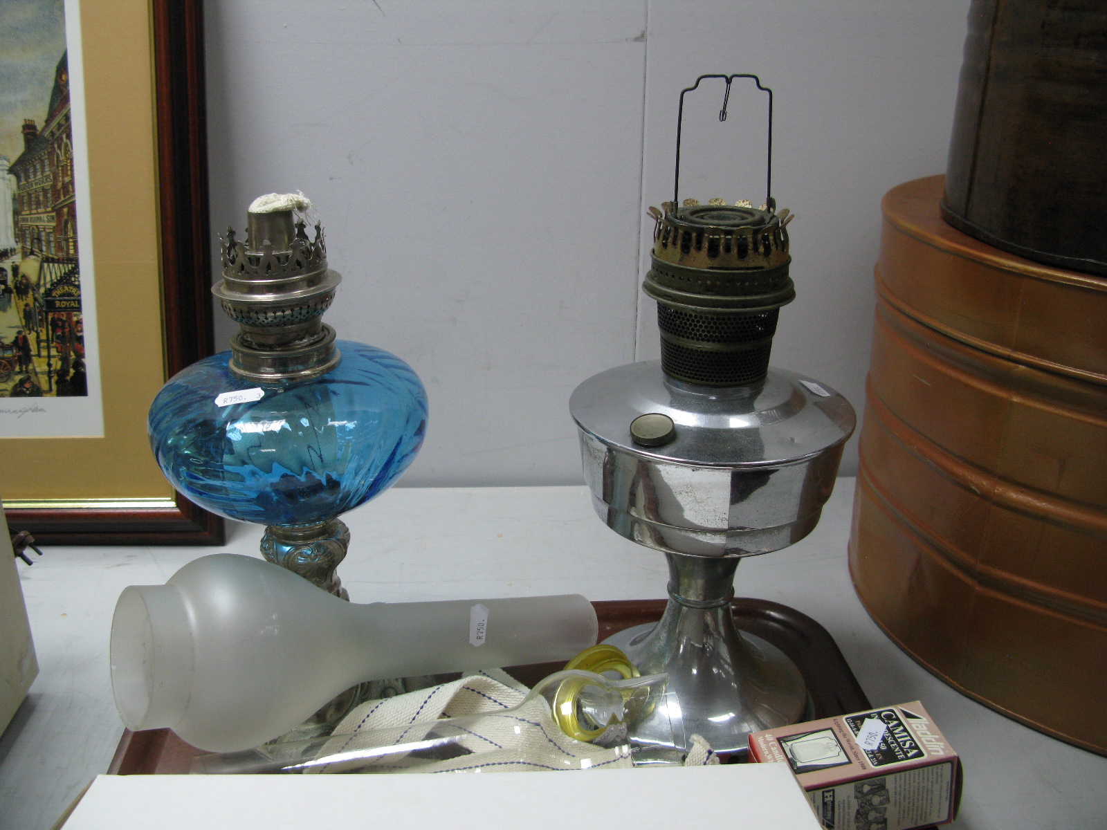 A French Cast Metal Based Oil Lamp, with turquoise well, chrome oil lamp plus accessories.