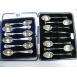 A Decorative Set of Six Hallmarked Silver Coffee Spoons, in a fitted case; together with a highly