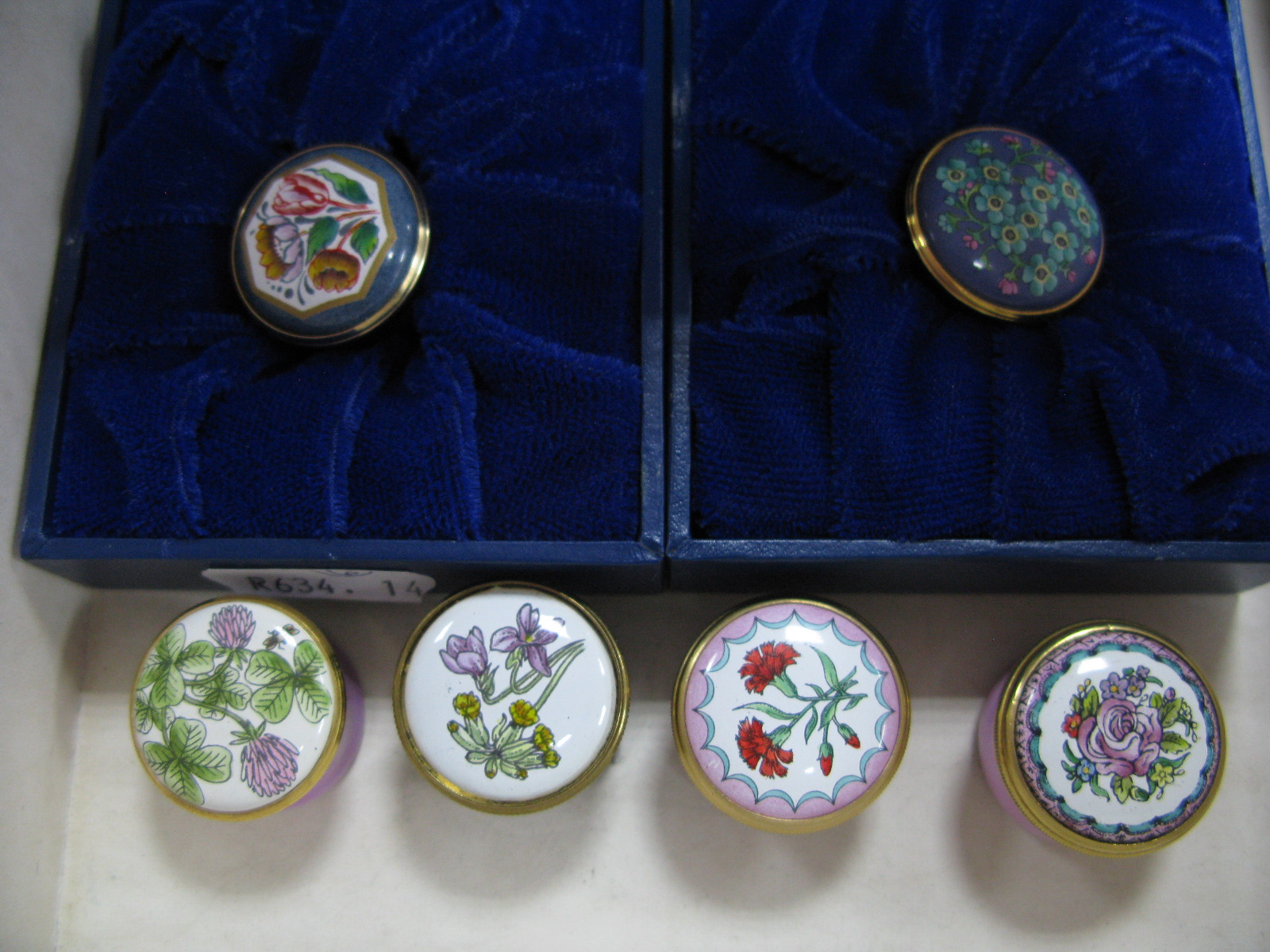 Six Halcyon Days Miniature Enamel Trinket Boxes, British Museum Flowers 'Forget-Me-Not' and five