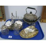 Plated Tea Kettle on Burner Stand, decorative Shelley jug and matching sugar bowl, on a plated