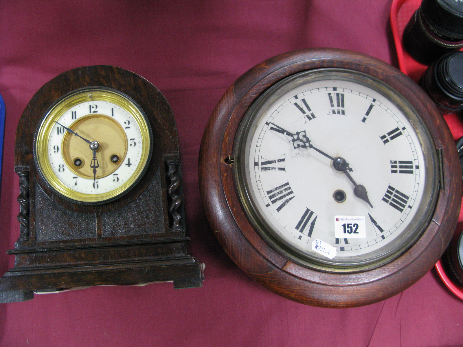 A XIX Century Wall Clock, 8" white enamel dial, Roman numerals, brass 'A' frame cage, stained pine