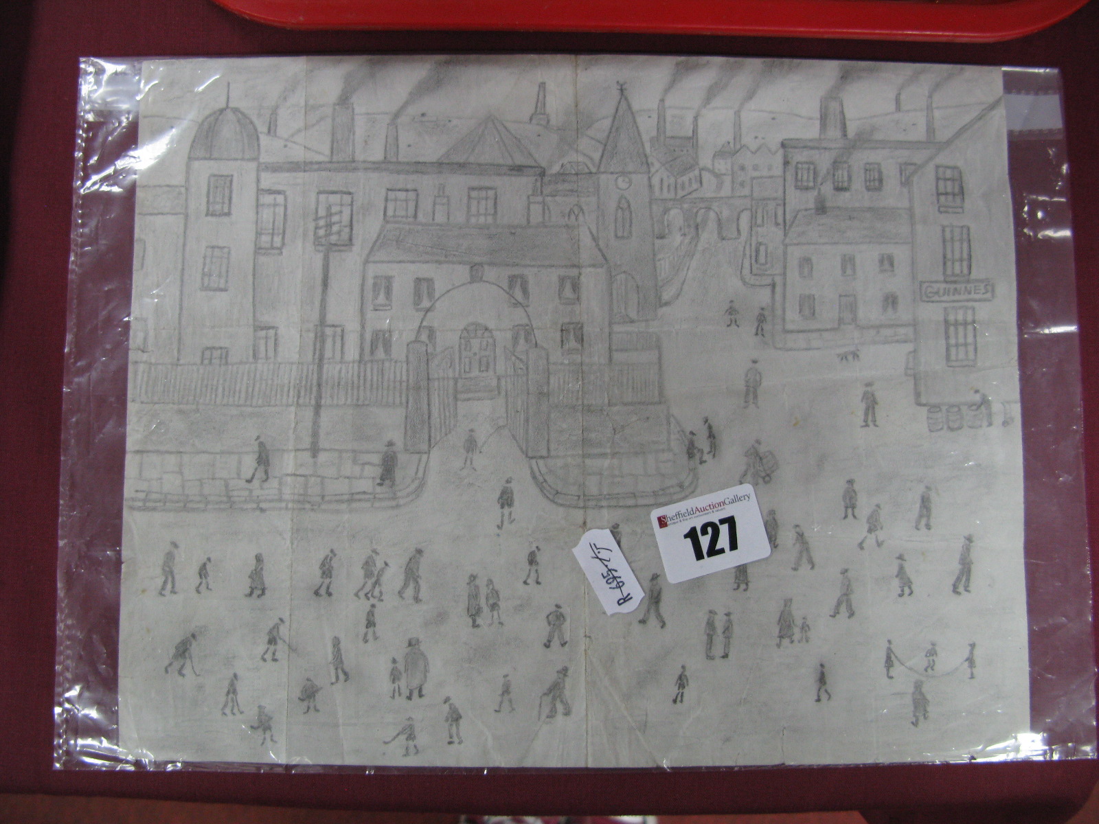 A Pencil Drawing in the Style of L.S Lowry. depicting figures in Northern Mill town, the reverse