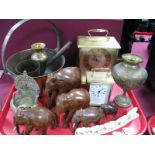 Hardwood Elephants, Indian brass posy as a throne, jam pan, mantle clocks etc:- One Tray