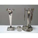 A Hallmarked Silver Manicure Stand, together with a hallmarked silver vase, of tapering square form.