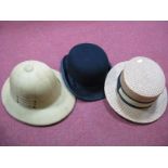 Dunn & Co Straw Boater Hat, Austin Reed Black Bowler Hat, pith helmet. (3)