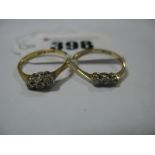 Two Three Stone Diamond Rings, illusion set, stamped "18ct Plat". (2)