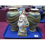 A XIX Century Pottery Figure of Maiden and Cherub, by Dolphin, on square base, 21cm high (