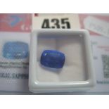 A Cushion Cut Sapphire, unmounted, with a Global Gems Lab Certificate card stating carat weight 7.85