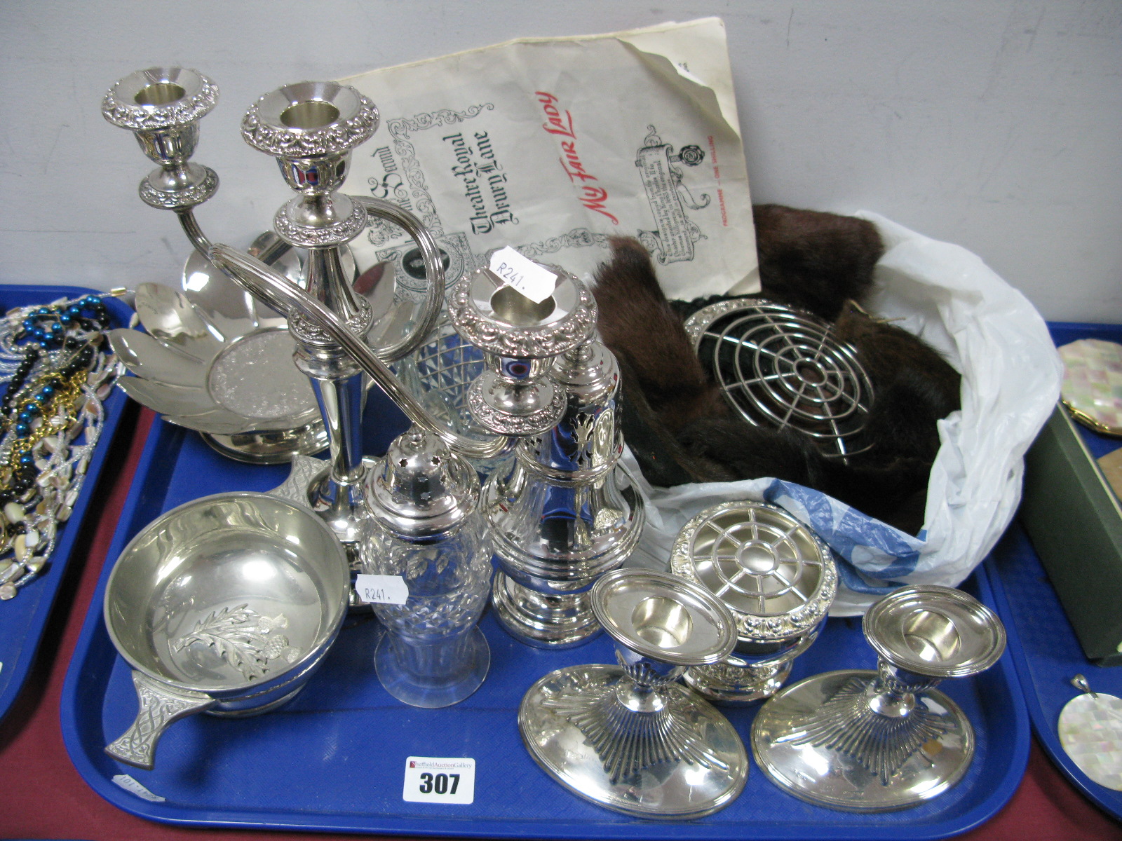 A Pair of Hallmarked Silver Dwarf Candlesticks, (marks rubbed), plated posies, sugar shakers,