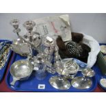A Pair of Hallmarked Silver Dwarf Candlesticks, (marks rubbed), plated posies, sugar shakers,