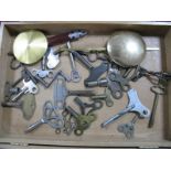 A Collection of Clock Keys, two pendulums in a wooden box.