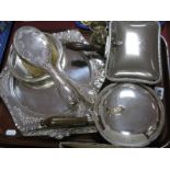 Plated Two Piece Brush, Mirror, hexagonal plated tray, silver hallmarked, jug, plated serving pans