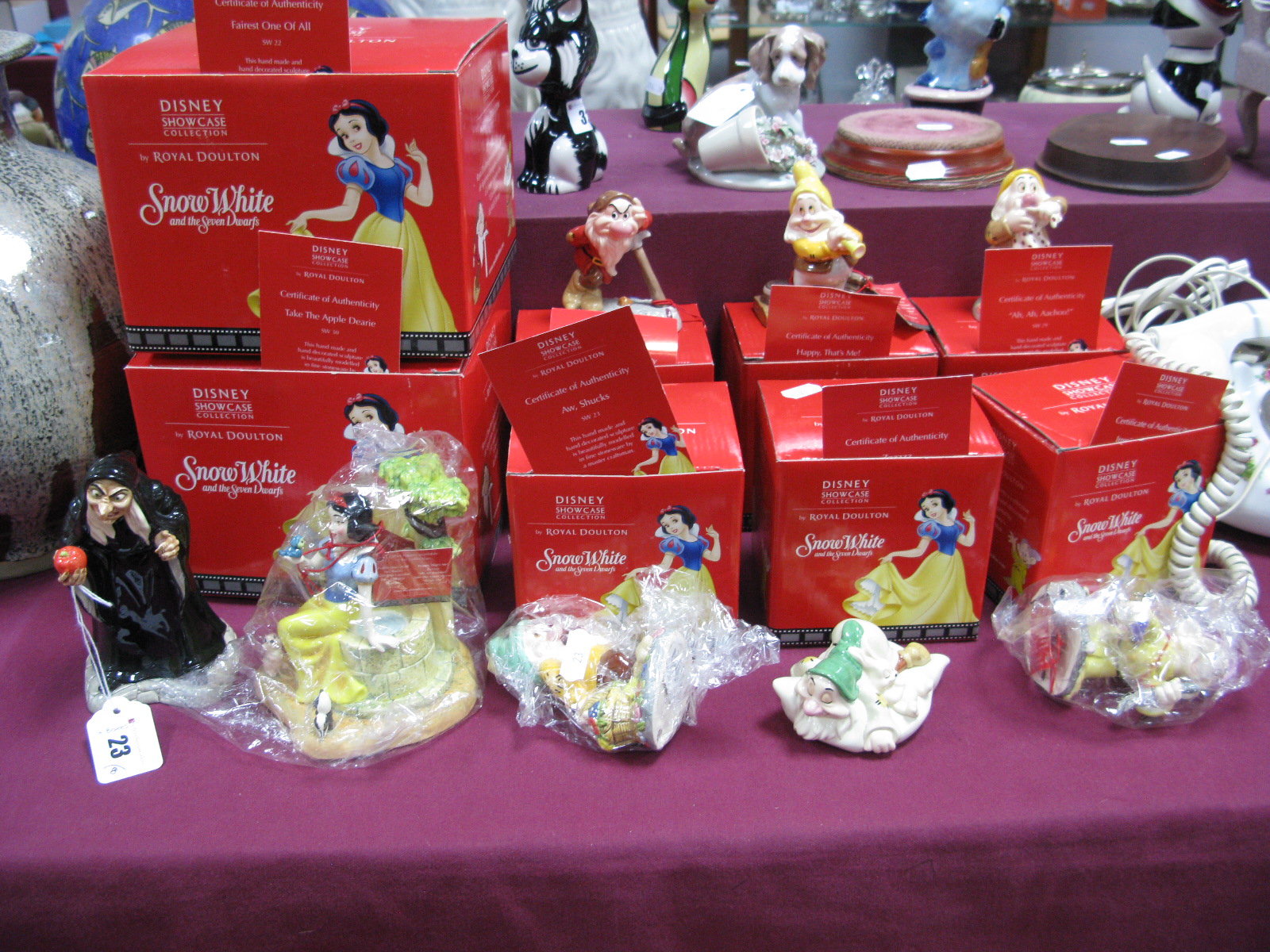 Royal Doulton Snow White Figures 'Take the Apple Dearie', 'Fairest One of All', 'Sneezy', '