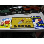 Three Repro Signs, two enamel signs, Pears Soap, Idris Ginger Beer, Lodge, The Best Plug in The