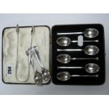 A Set of Six Hallmarked Silver Coffee Spoons, in fitted case, a pair of hallmarked silver sugar