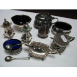 Hallmarked Silver and EPNS Cruet Items, including lidded mustards with blue glass liners.