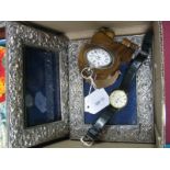 A Ladies Fob Watch, in folding wood stand; Rotary quartz wristwatch, pair of decorative photograph