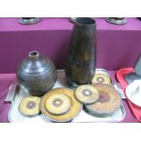 Hardwood Vases, wood stands and a set four coasters "Worsted Bobbin Flange ex Calder Valley Mills Nr