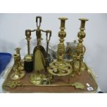 Brass King of Diamonds Style Candlesticks 34.5cm high, others smaller, trivet, Tudric beaten four