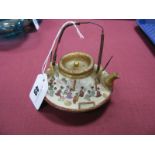 Oriental, Satsuma Saucer Shaped Teapot, heavily decorated with many maidens in garden by pagoda.