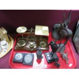 Brass Letter Scales on wooden base, carved wooden and other figures:- One Tray.