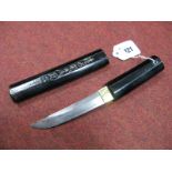 Tanto with Hamon Edge Blade, in lacquered case, approximately 25cm long.