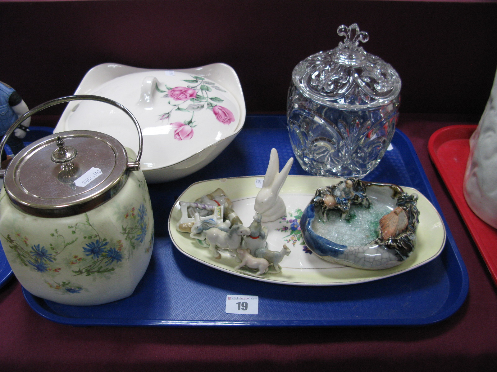 Wade Miniature Animal Band Figures, glass biscuit barrel, Midwinter tureen, etc.