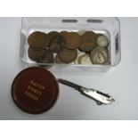 Vintage "Studs Links Clips" Pot, assorted coins, mini folding pocket knife with mother of pearl.