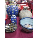 Ray Dunn Ceramics Large Saltglazed Pot, fish painted vases and two other studio pottery bowls. (5)
