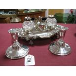 A Decorative Antique Style Desk Stand, together with a pair of dwarf candlesticks. (3)